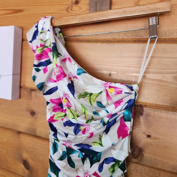 Express One Shoulder Bodycon Sheath Dress Floral Tropical Pleated Stretch Size 2 - Picture 8 of 10